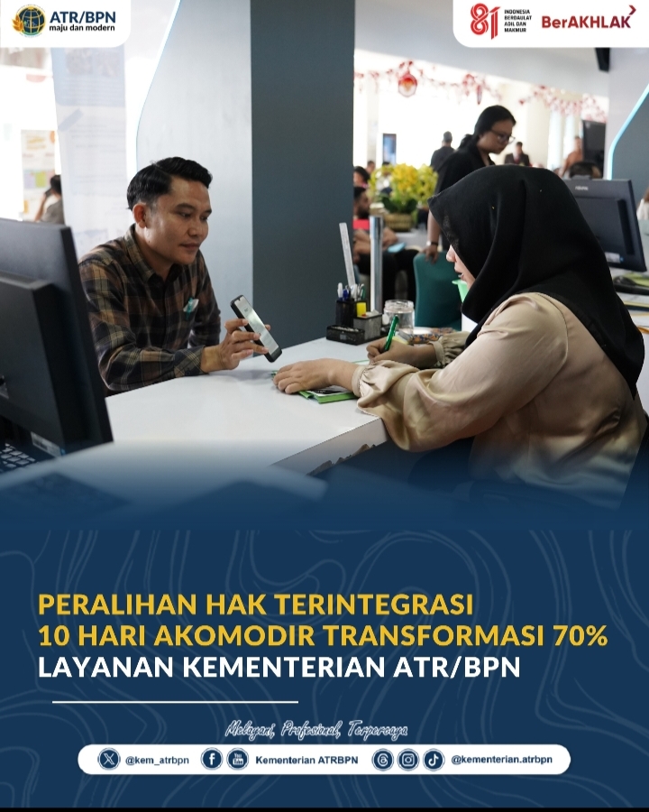 Peralihan Hak Terintegrasi 10 Hari Akomodir Transformasi 70% Layanan Kementerian ATR/BPN
