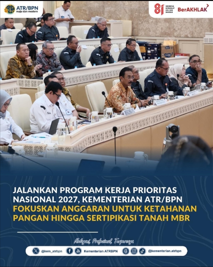 Jalankan Program Kerja Prioritas Nasional 2027, Kementerian ATR/BPN Fokuskan Anggaran untuk Ketahanan Pangan hingga Sertipikasi Tanah MBR
